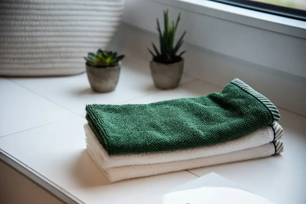 窓辺にたたまれたタオルと小さな観葉植物